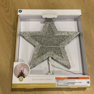 NWT WONDERSHOP LED Lit 90 Lights Silver Star Tree Topper with easy clip
